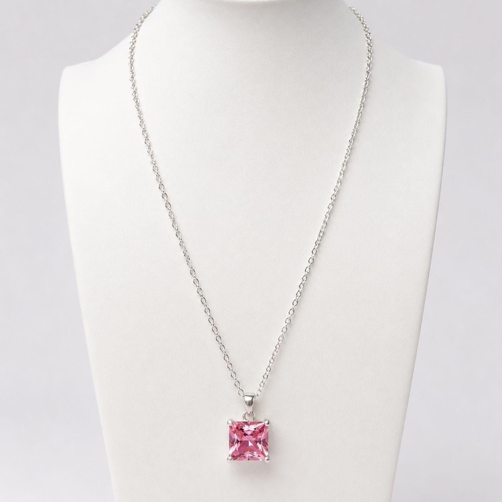 Pink Princess Cut Solitaire Necklace Silver Overlay Made with Swarovski Crystal
